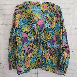 Vibrant Floral Sheer BlouseVtg Pioko Sheer Open Front Bright Floral Ruffle 2x